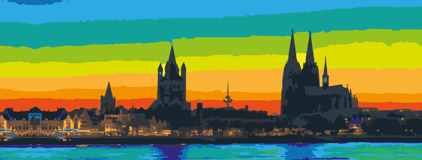 Studenten-Illu der KDA, farbige Silhuette der Stadt Köln