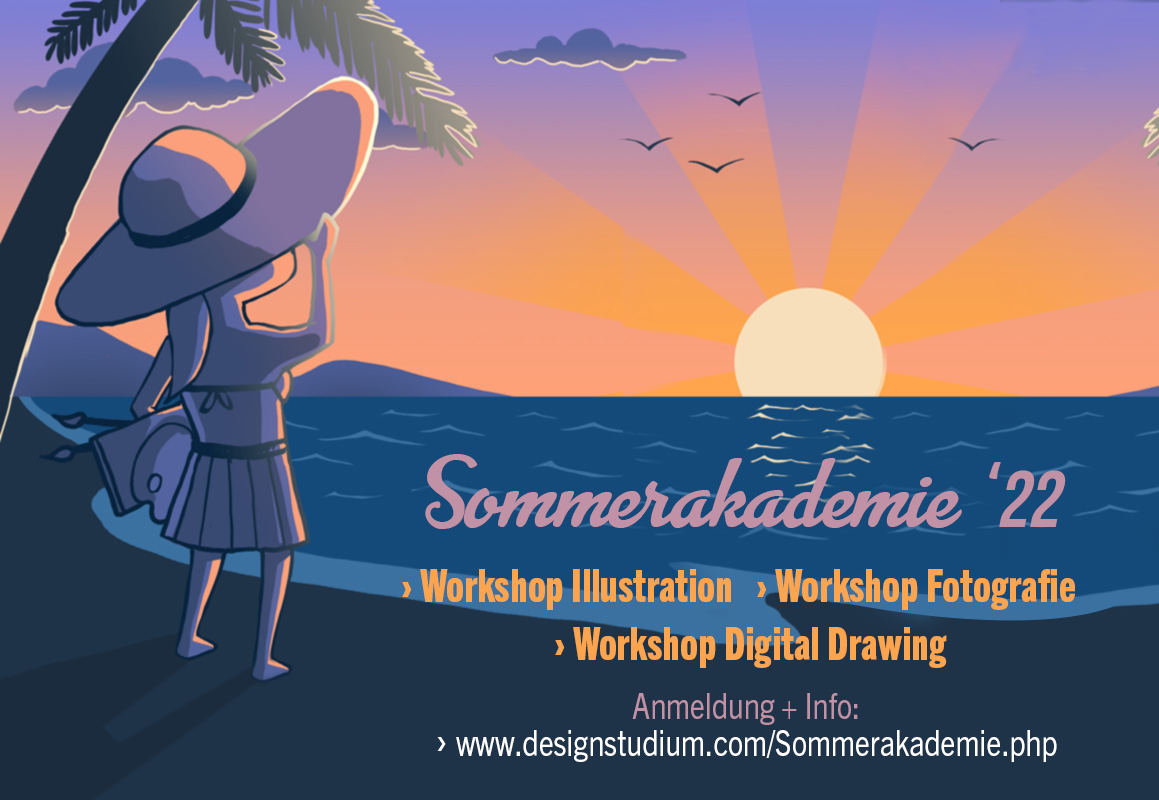 Illustration mit Frau, Meer und Sonnenuntergang für die Sommerakademie 2022 an der KDA, ein Illustrations-Workshop